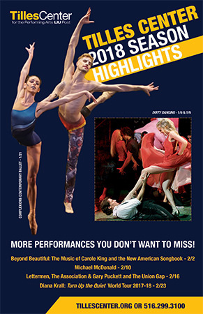 Front of season highlights brochure created for Tilles Center using Adobe &copy; Indesign and Adobe &copy; Photoshop