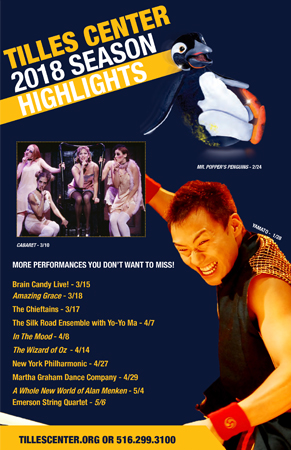 Back of season highlights brochure created for Tilles Center using Adobe &copy; Indesign and Adobe &copy; Photoshop