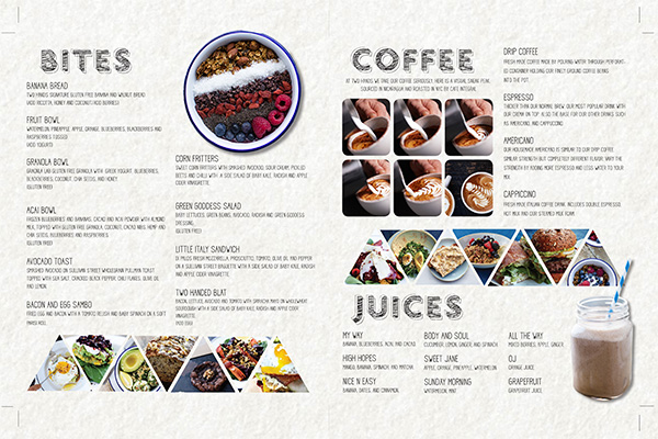 Inside menu design for Two Hands Café created using Adobe &copy; Indesign and Adobe &copy; Illustrator.