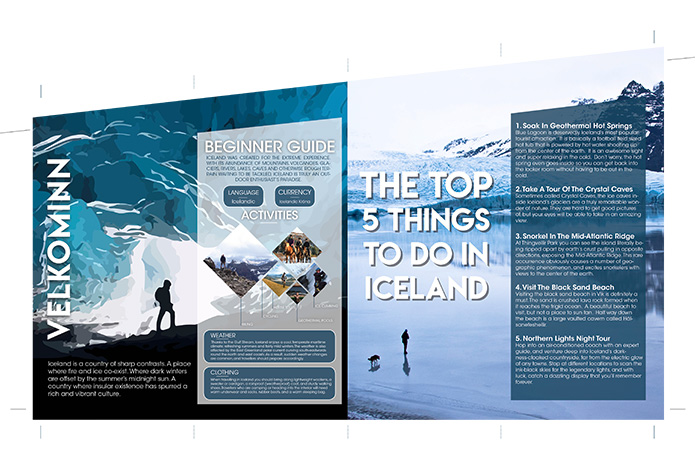 Back of informational pamphlet for Iceland created using Adobe &copy; Indesign and Adobe &copy; Illustrator