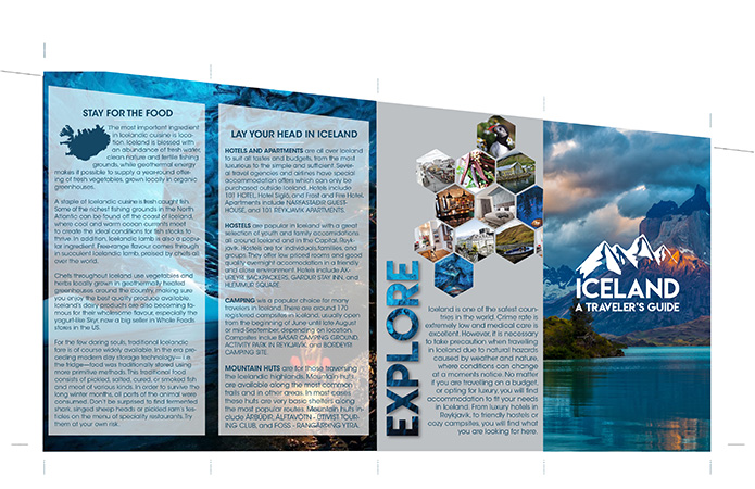 Front of informational pamphlet for Iceland created using Adobe &copy; Indesign and Adobe &copy; Illustrator