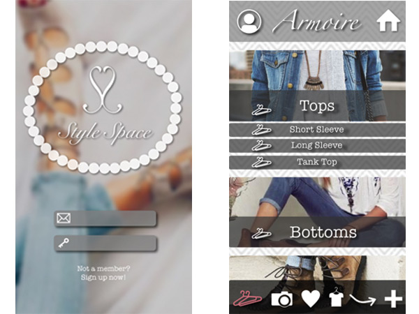 Two screens from app created for iphone virtual closet using Adobe &copy; XD and Adobe &copy; Illustrator