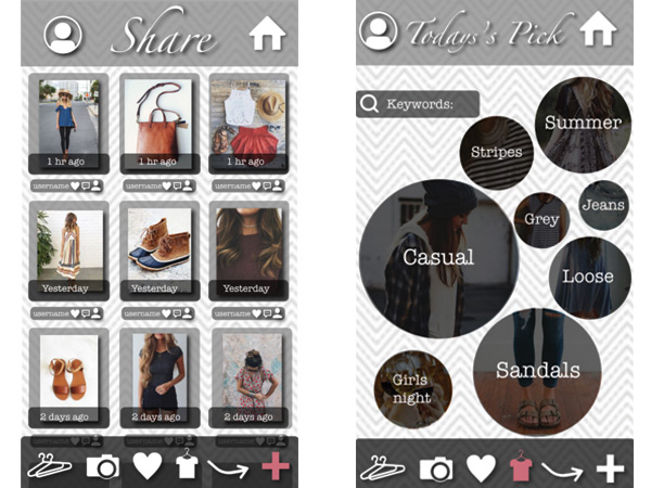 Two screens from app created for iphone virtual closet using Adobe &copy; XD and Adobe &copy; Illustrator