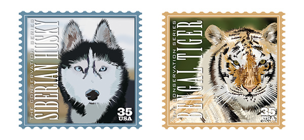 Two conservation stamps featuring personal illustration created using Adobe &copy; Illustrator