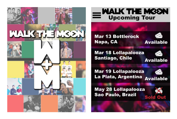 Two screens from ipad app created for the band, Walk The Moon using Adobe &copy; XD and Adobe &copy; Illustrator